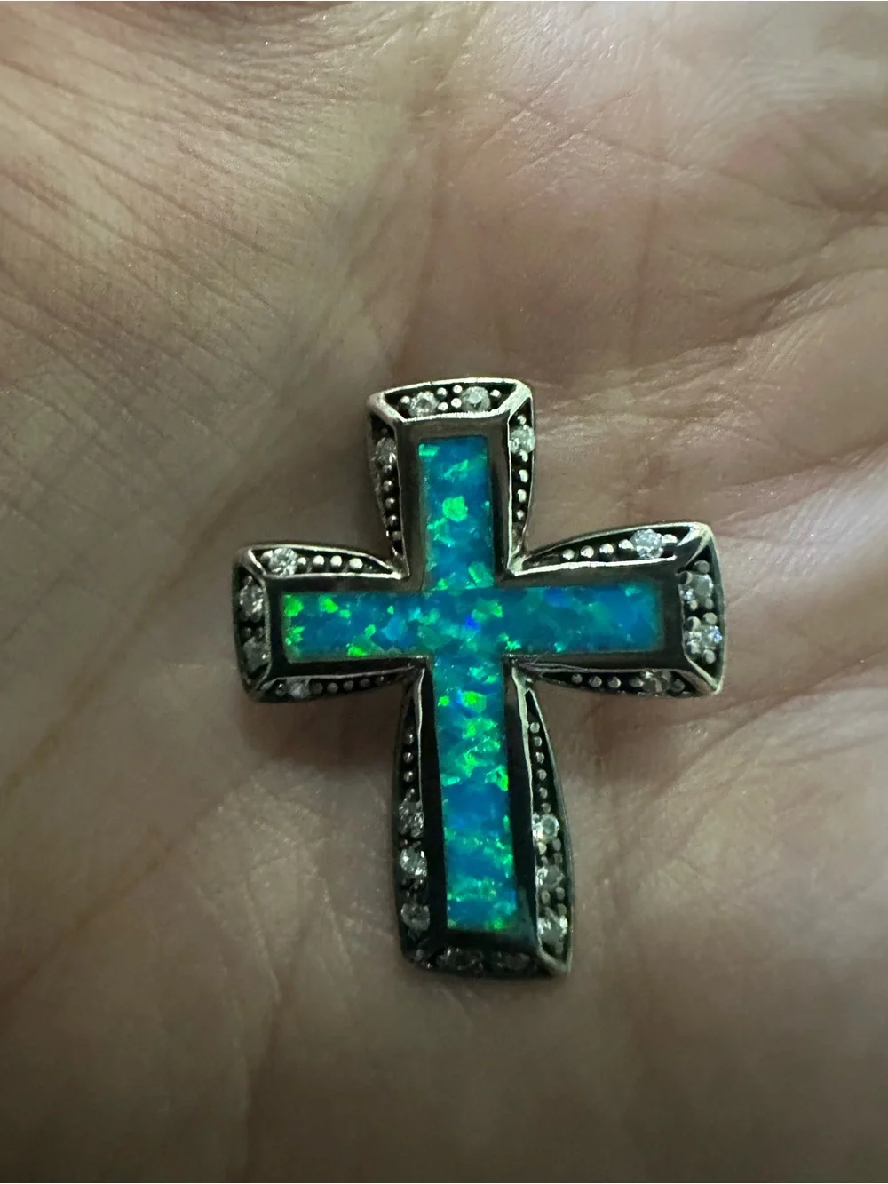 Blue Opal Cross Pendant Necklace Charm - Picture 2 of 6